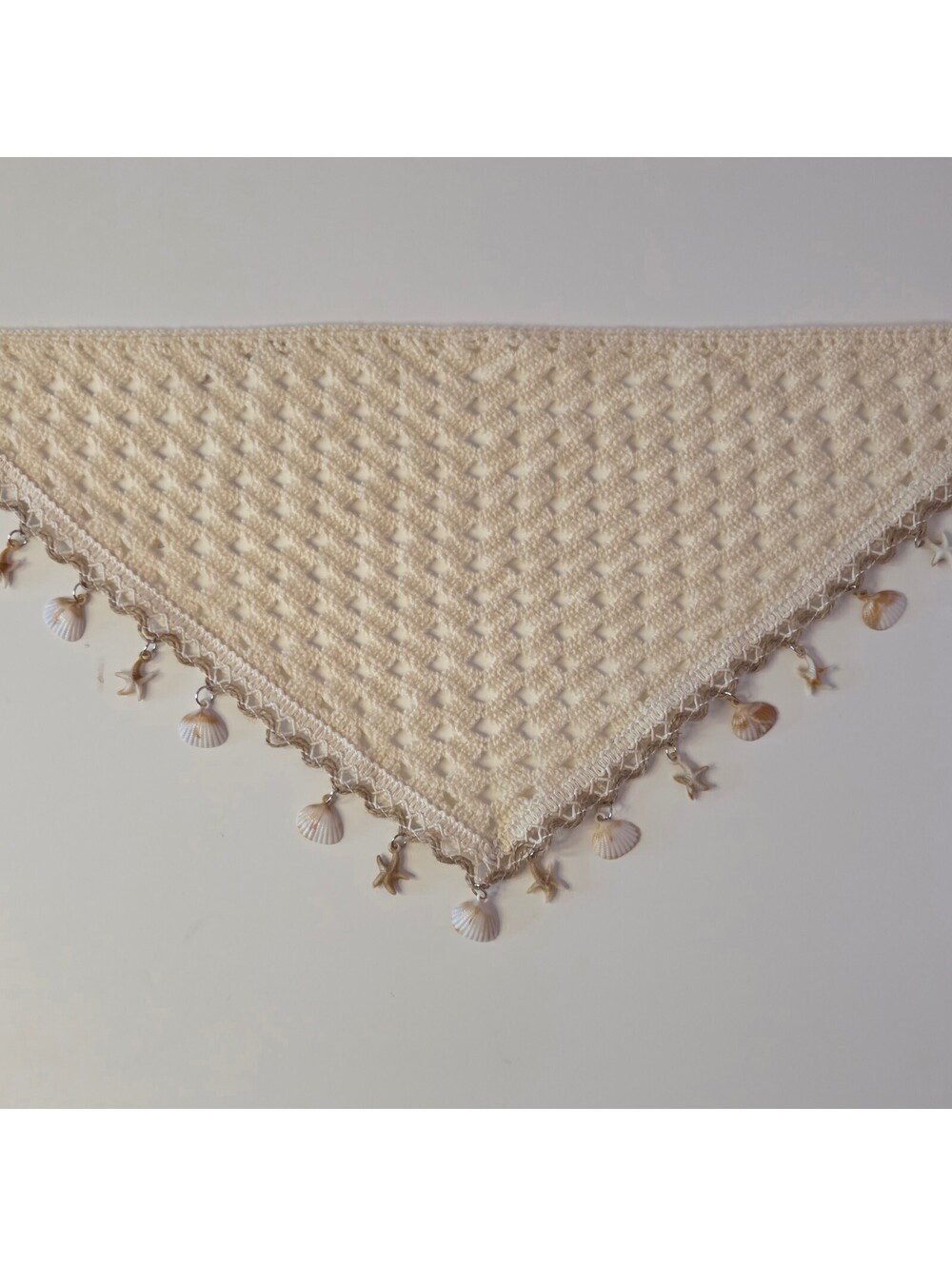 Cream Beige White Crochet Hair Scarf Bandana w/ Shells Starfish Boho Beach